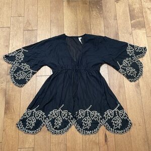 Seafolly swim beach coverup black elastic waist embroidery sleeves and trim sz M